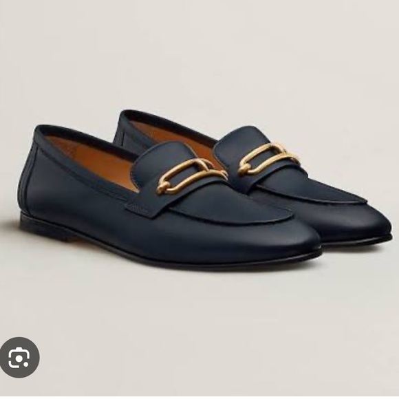 Hermes Shoes - Hermes Colette Navy Blue Loafers with Gold Accent